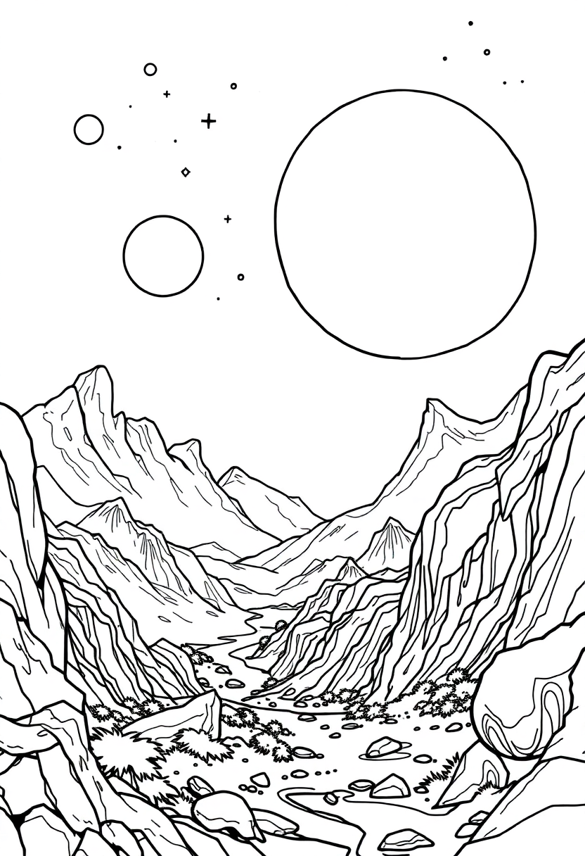 Alien Planet Landscape coloring page, free printable