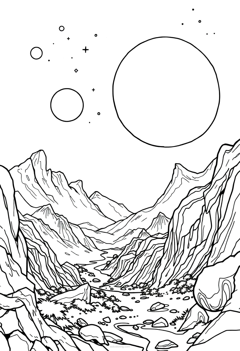 Alien Planet Landscape coloring page for kids