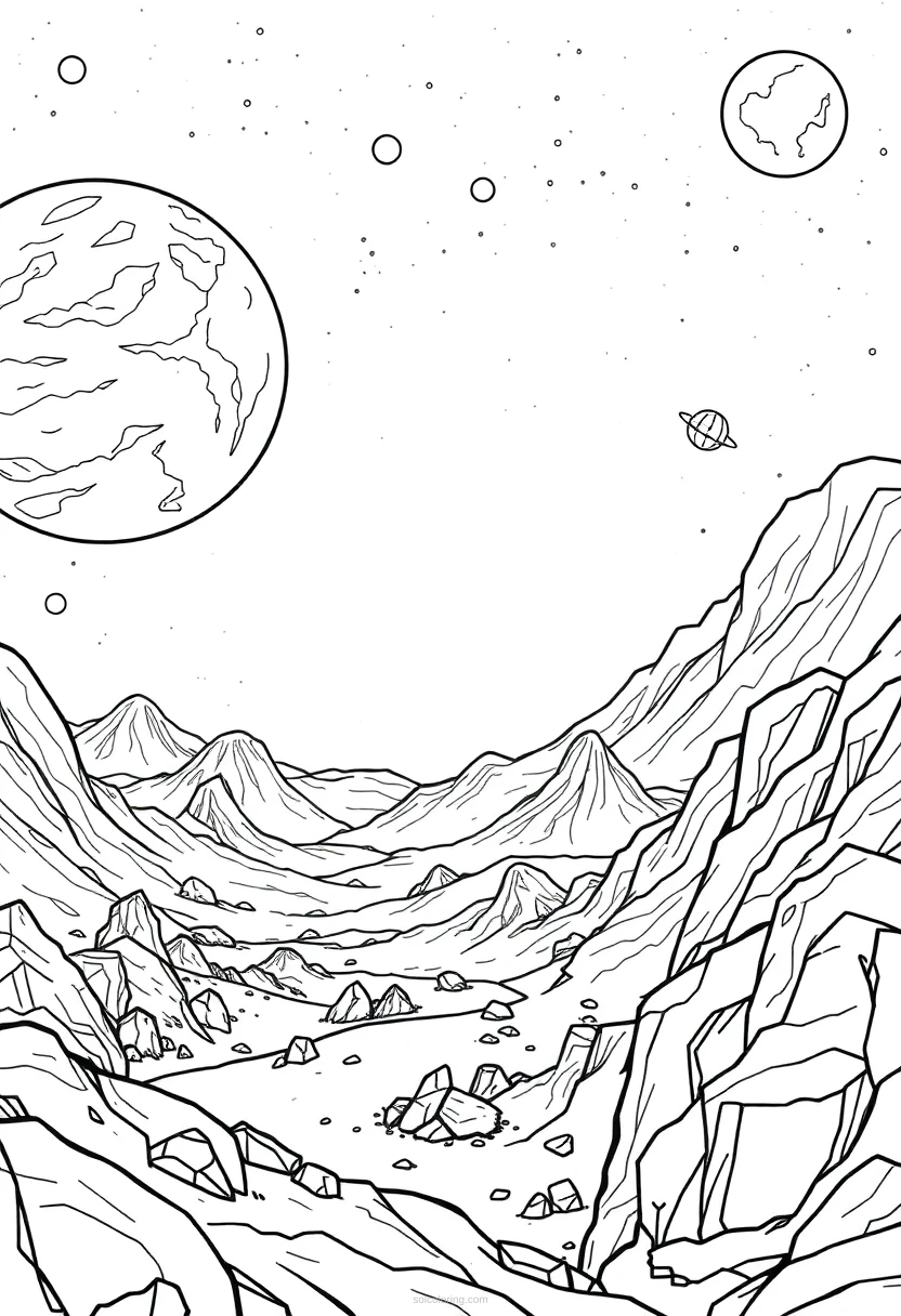 Alien Planet Landscape coloring page for kids