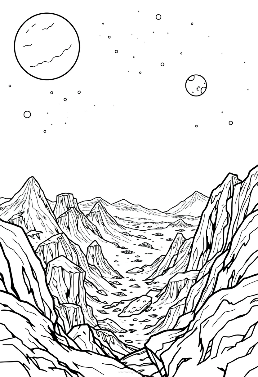 Alien Planet Landscape coloring page for kids