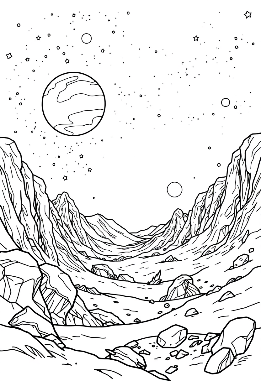 Alien Planet Landscape coloring page, free printable