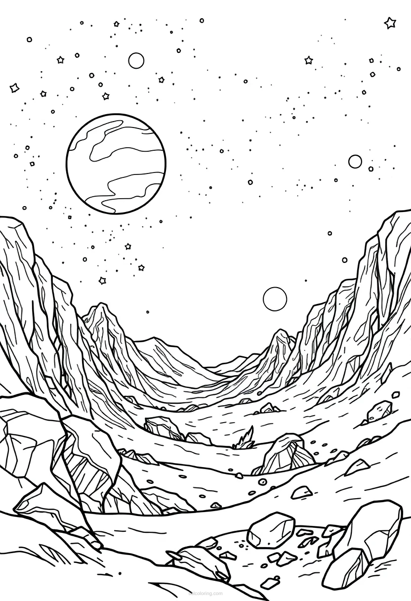 Alien Planet Landscape coloring page for kids