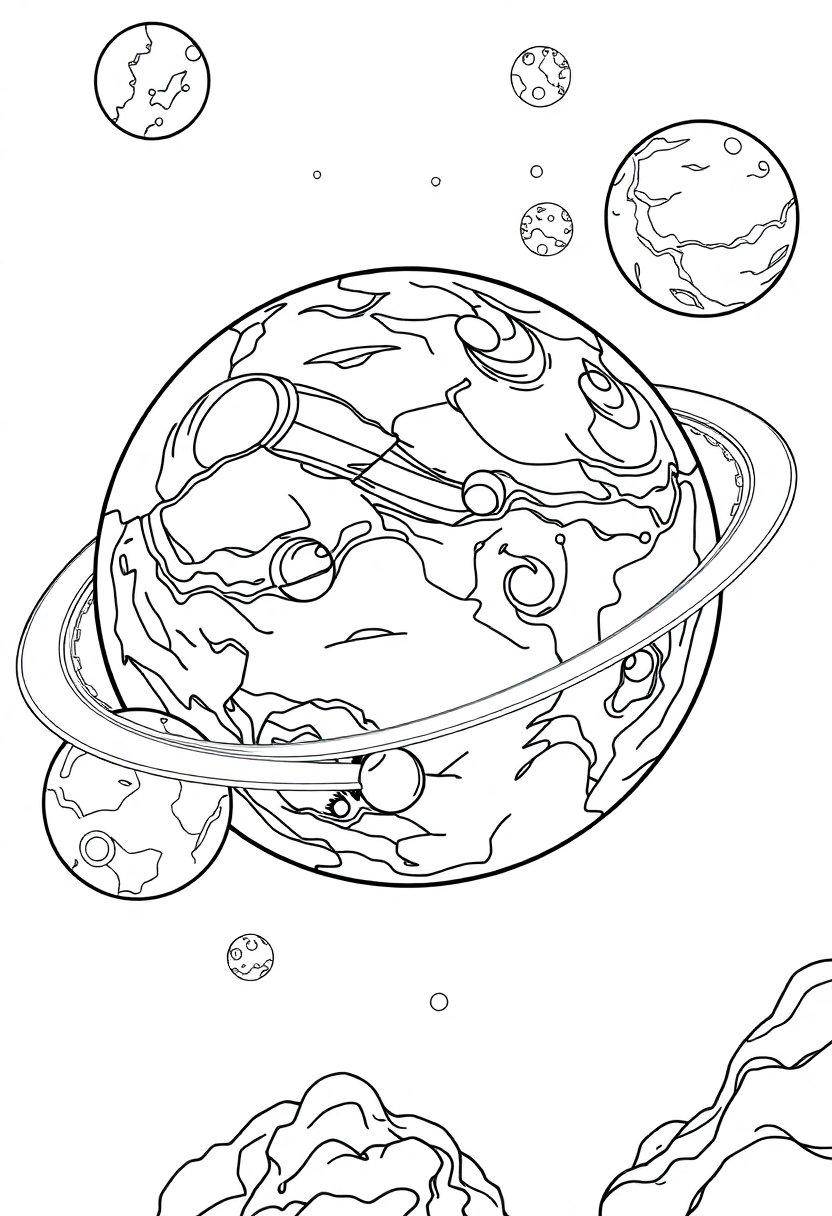 Alien Planet with Multiple Moons coloring page, free printable