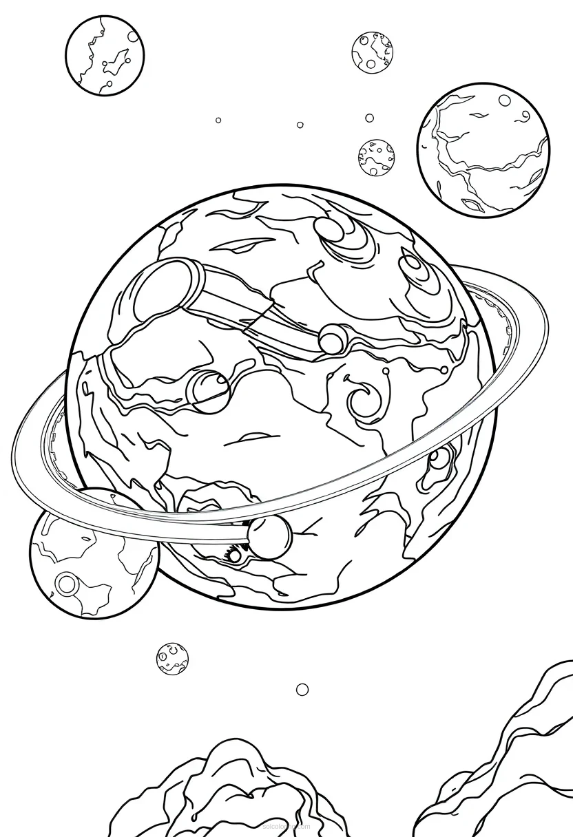 Alien Planet with Multiple Moons coloring page for kids