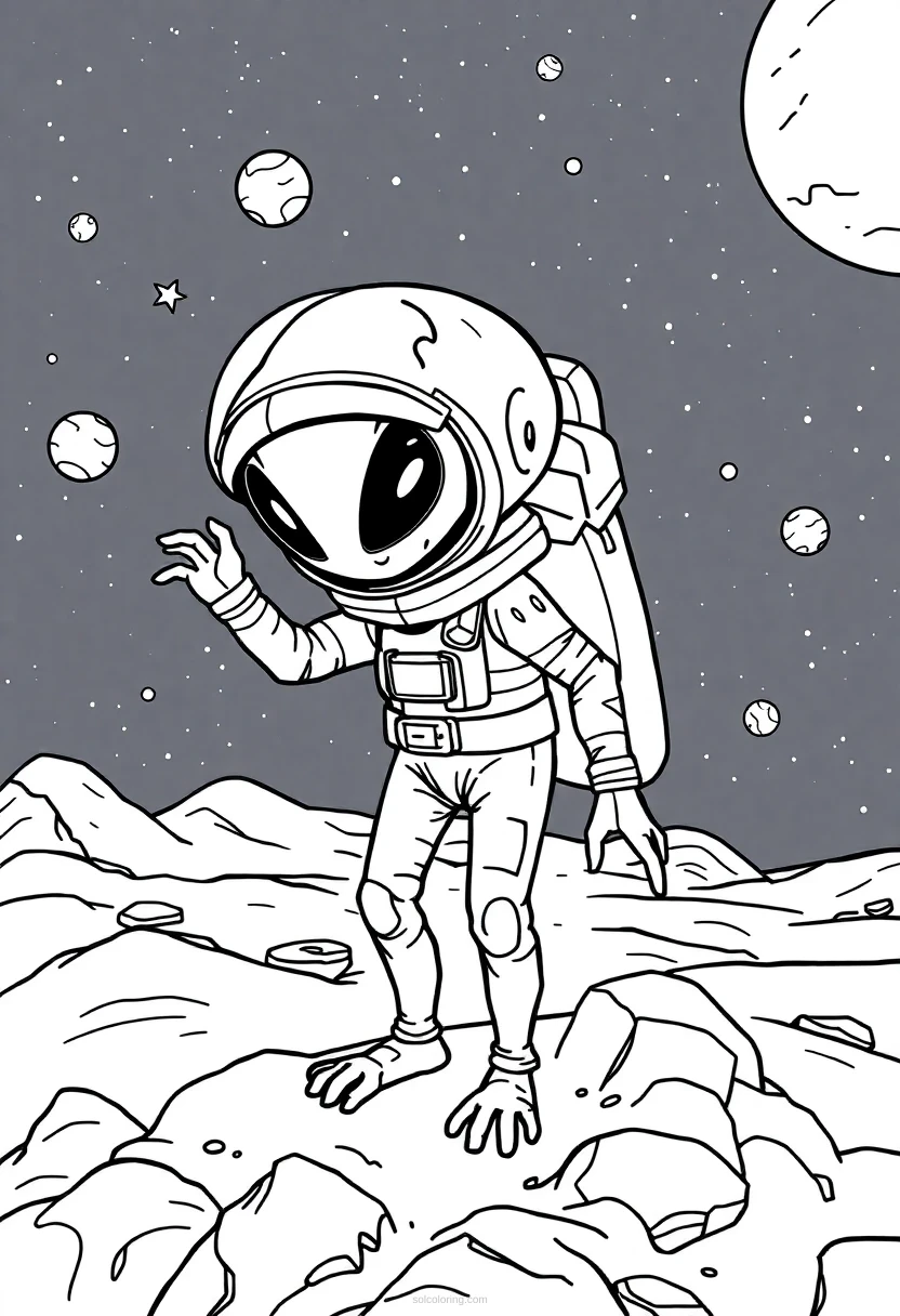 Alien Space Explorer coloring page for kids