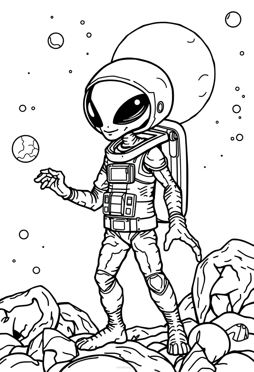 Alien Space Explorer coloring page for kids