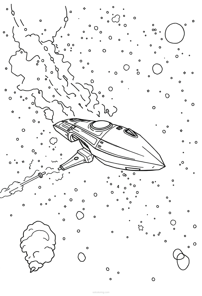 Alien Spacecraft Flying Through Nebula coloring page for kids