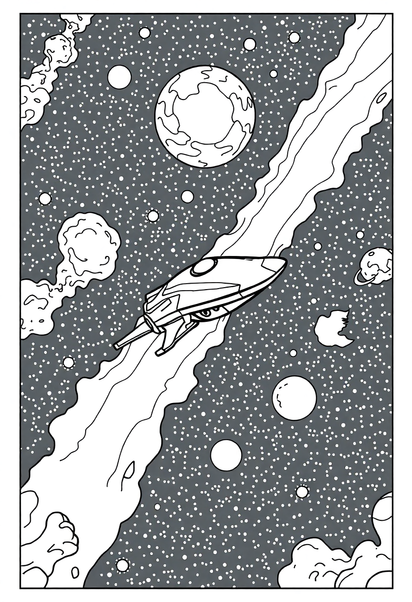Alien Spacecraft Flying Through Nebula coloring page, free printable