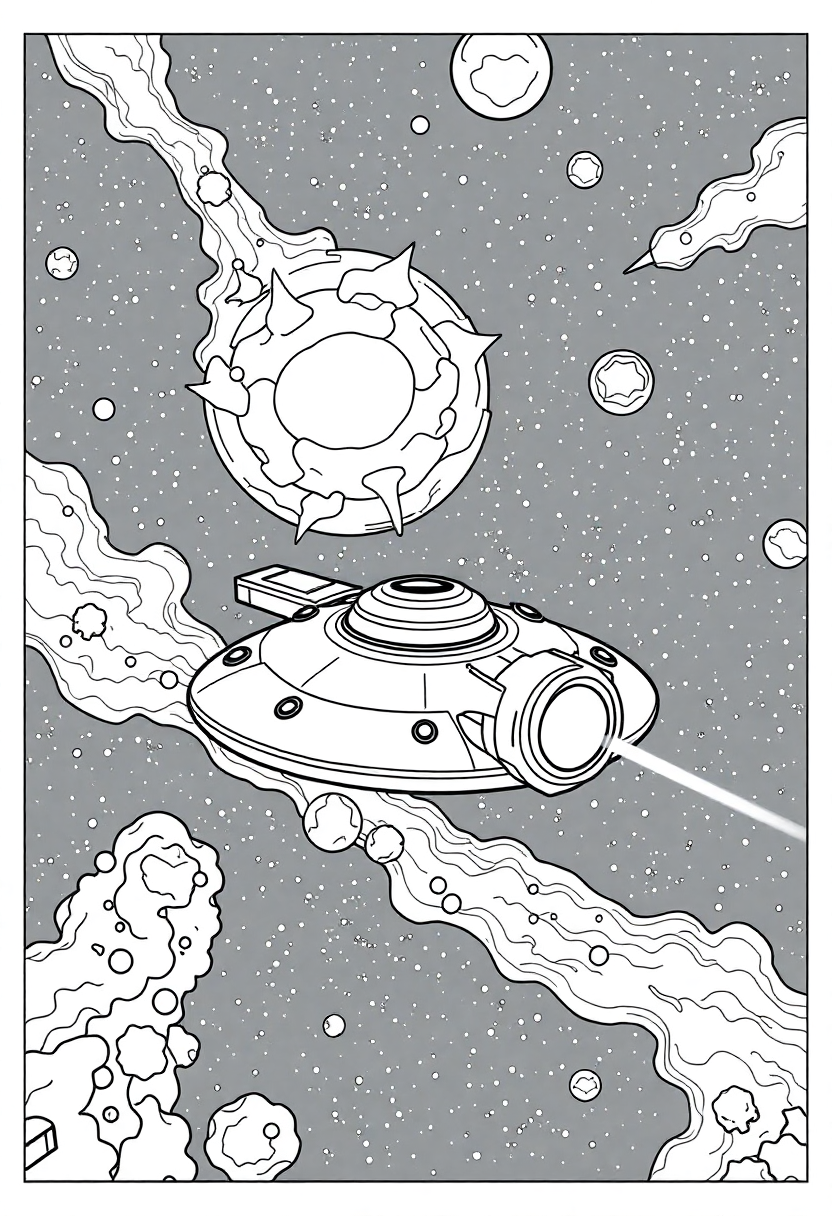 Alien Spacecraft Flying Through Nebula coloring page, free printable