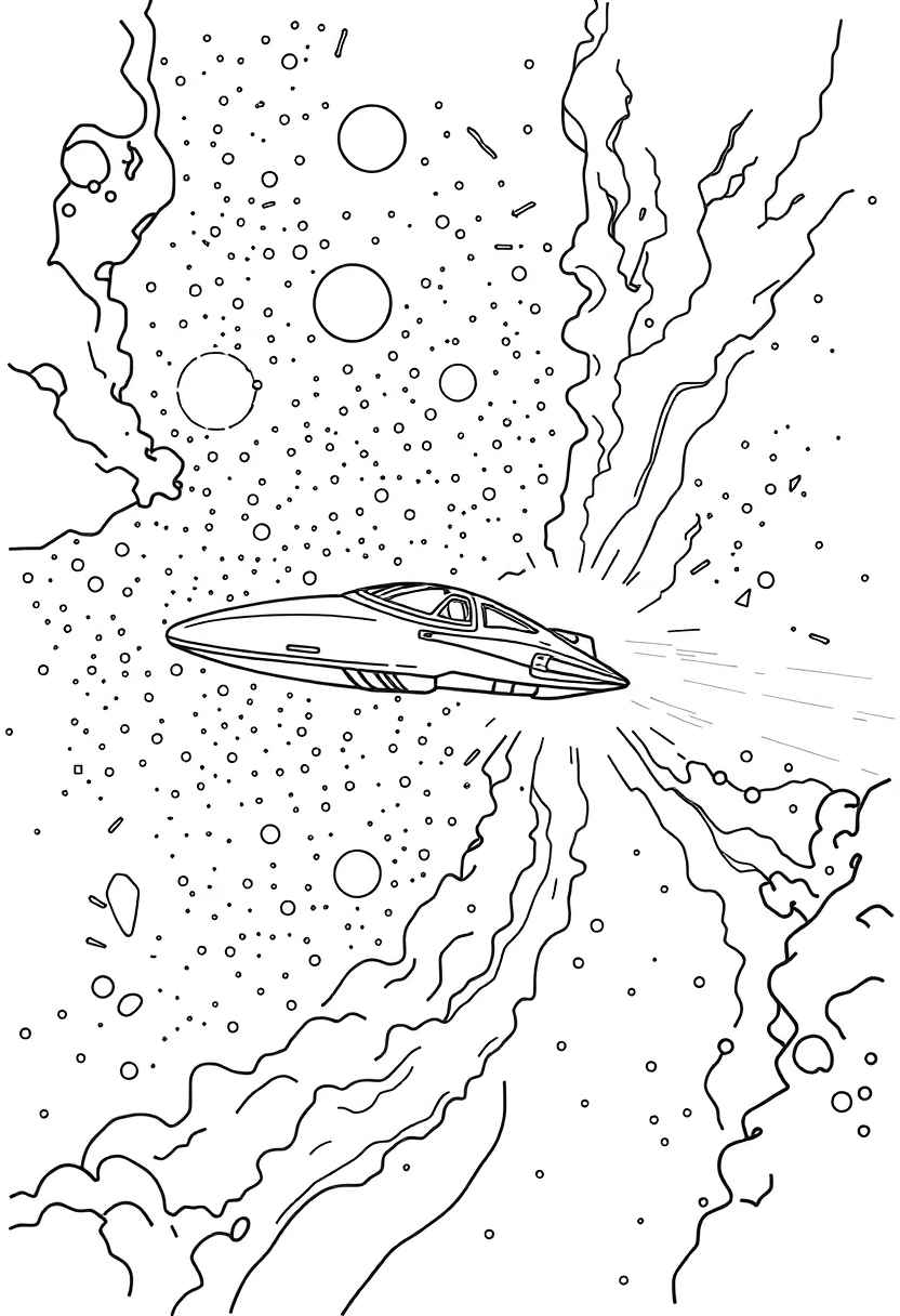 Alien Spacecraft Flying Through Nebula coloring page, free printable