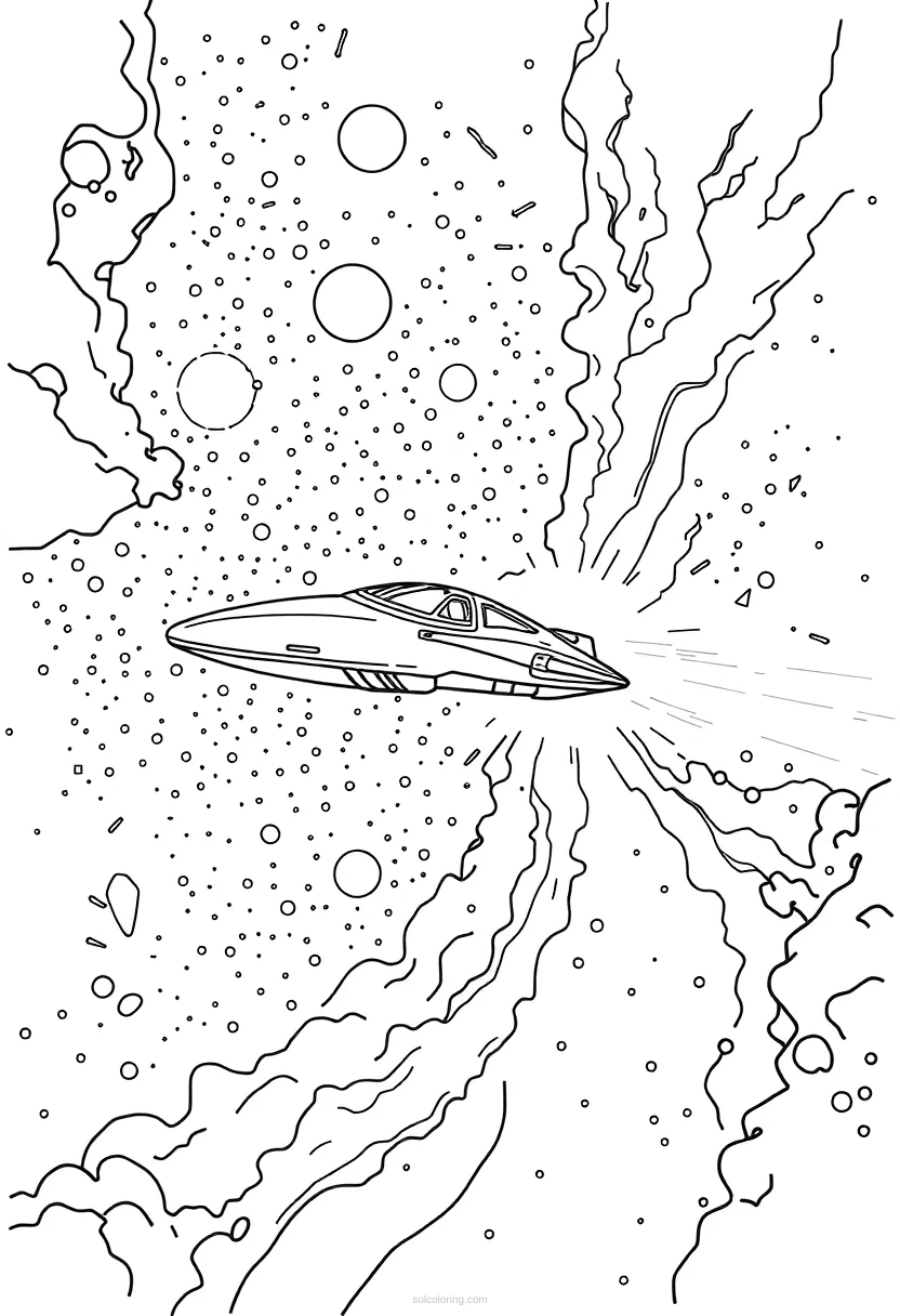 Alien Spacecraft Flying Through Nebula coloring page for kids