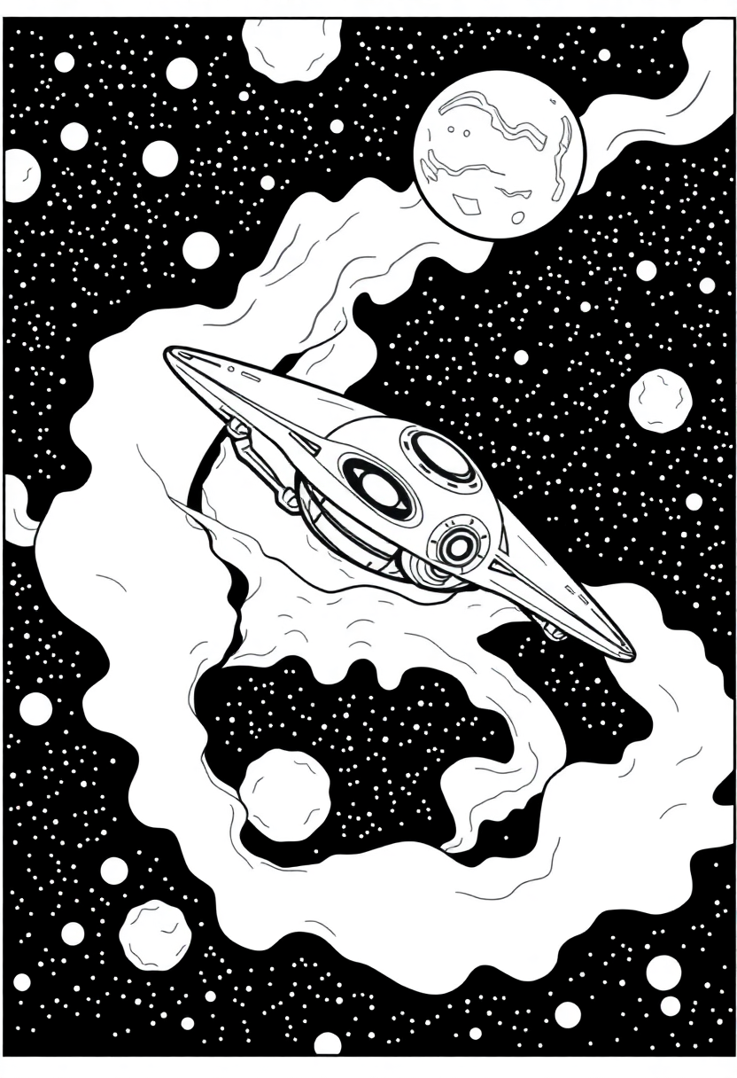 Alien Spacecraft Flying Through Nebula coloring page, free printable