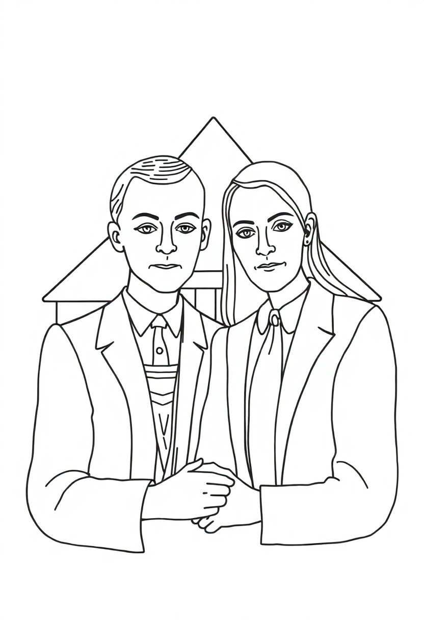 American Gothic Painting coloring page, free printable