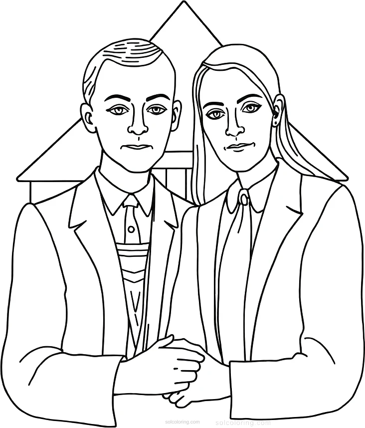 American Gothic Painting coloring page for kids