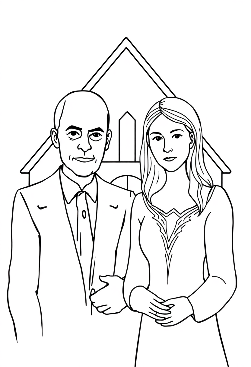 American Gothic painting coloring page showing cartoon-style farmer couple with pitchfork in front of house, bold black outlines