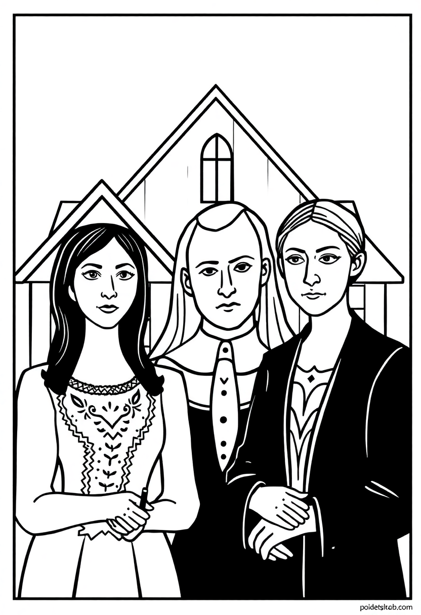 American Gothic Painting coloring page, free printable
