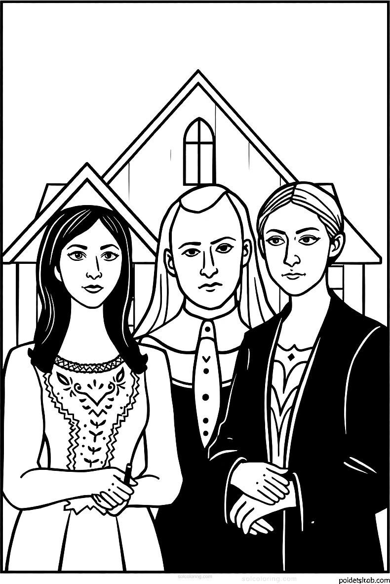 American Gothic Painting coloring page for kids