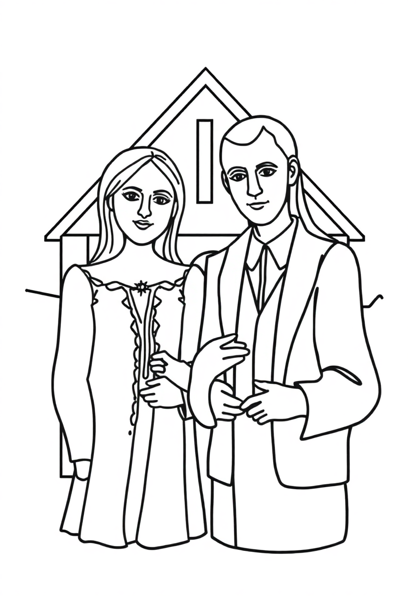 American Gothic Painting coloring page, free printable