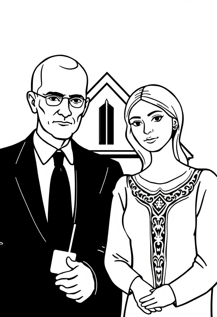American Gothic Painting coloring page, free printable