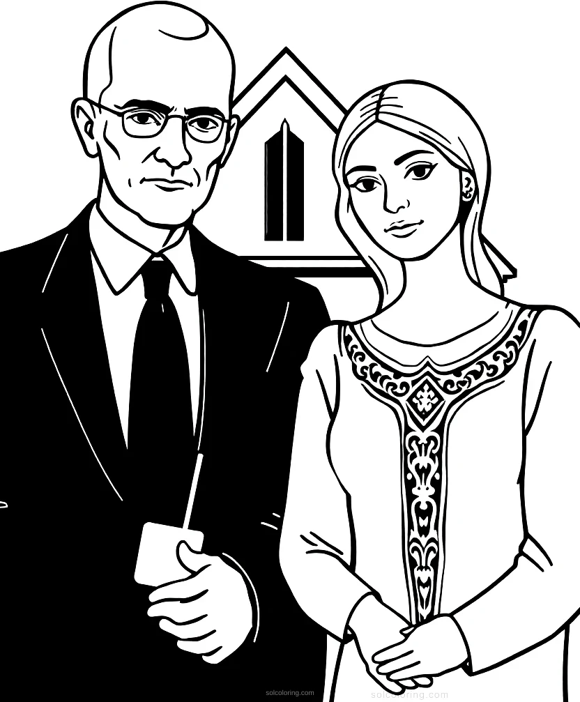 American Gothic Painting coloring page for kids