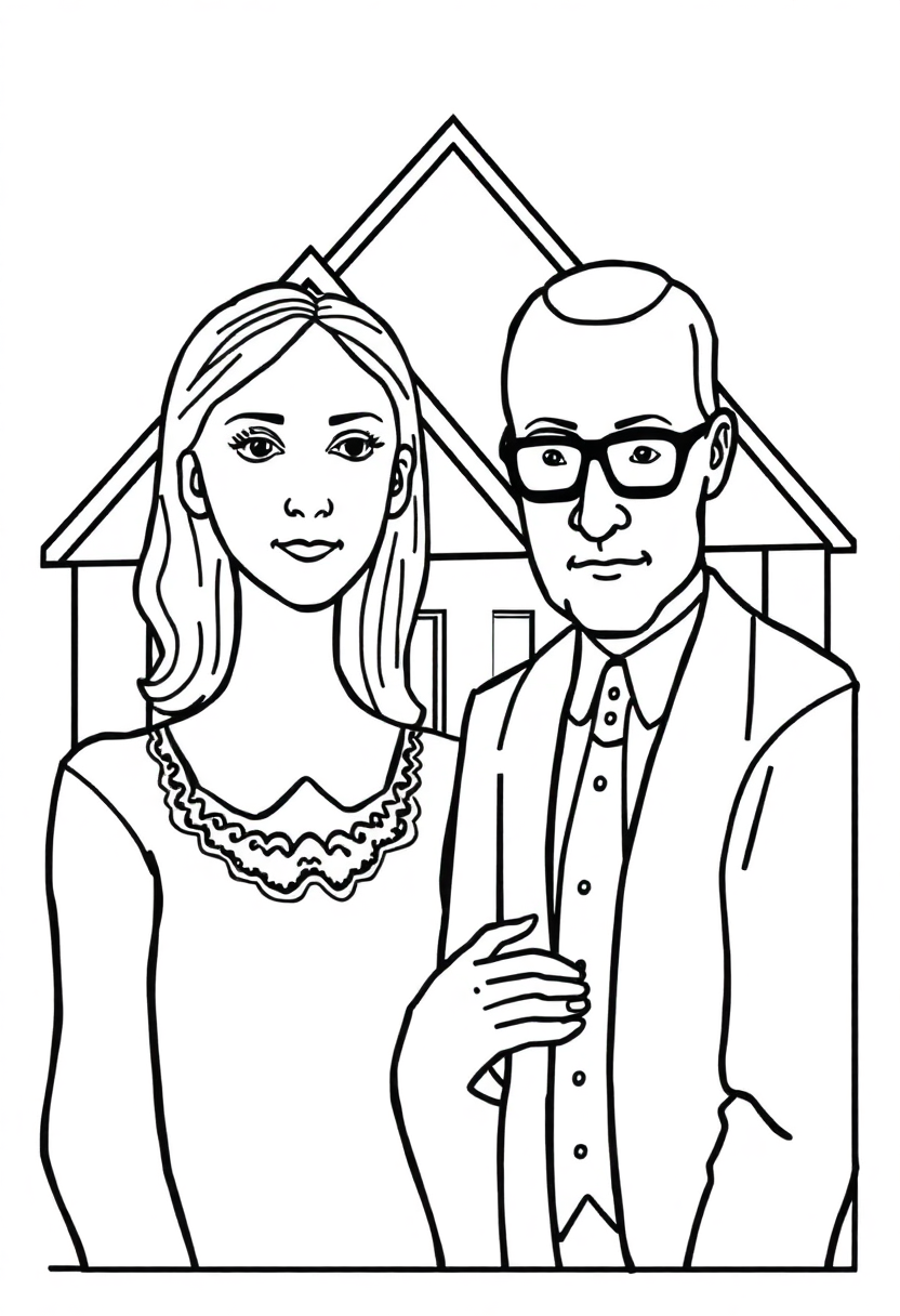 American Gothic Painting coloring page, free printable