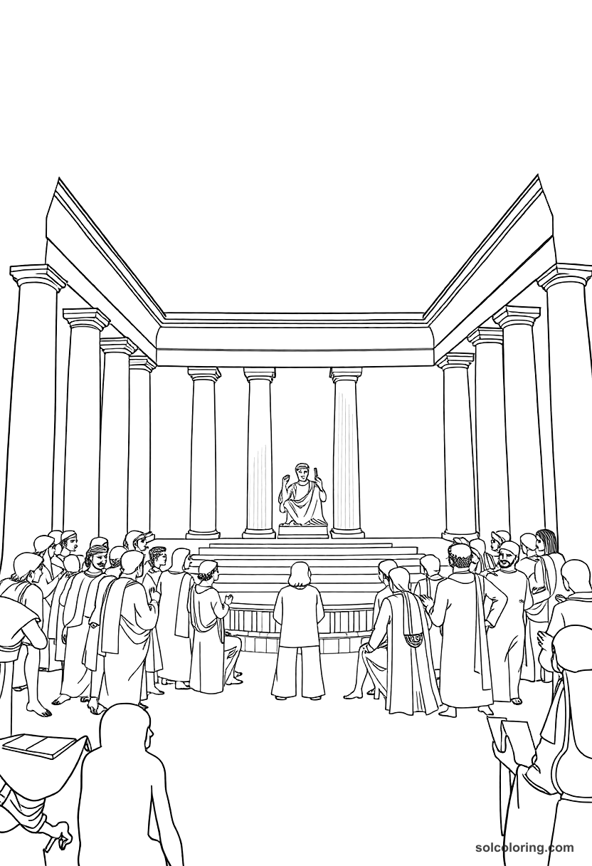 Ancient Athenian Democracy Assembly coloring page, free printable detailed style