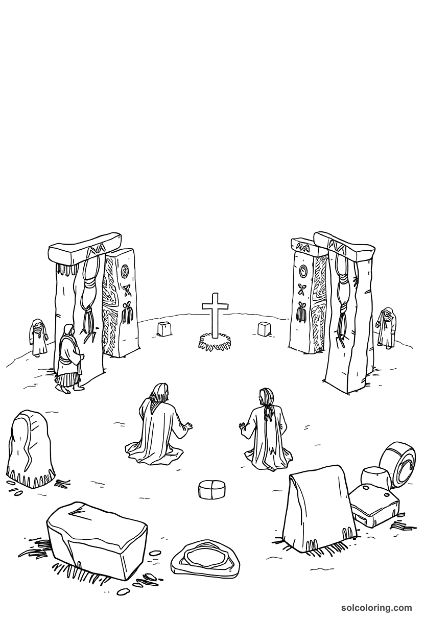 Ancient Celtic Druid Stone Circle Ceremony coloring page, free printable detailed style