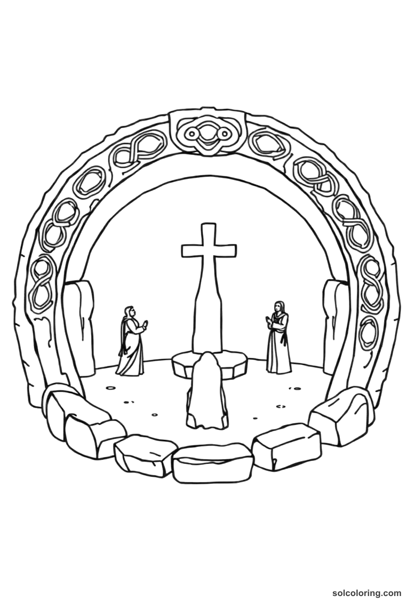 Simple Ancient Celtic Druid Stone Circle Ceremony coloring page, free printable simple style