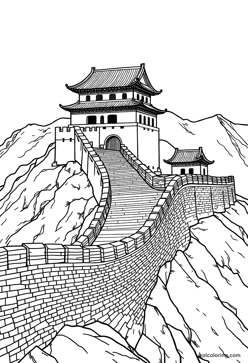Ancient Chinese Great Wall Construction coloring page, free printable detailed style