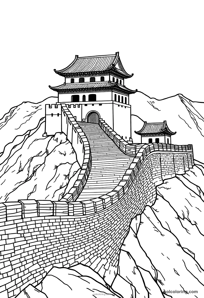 Ancient Chinese Great Wall Construction detailed coloring page for kids