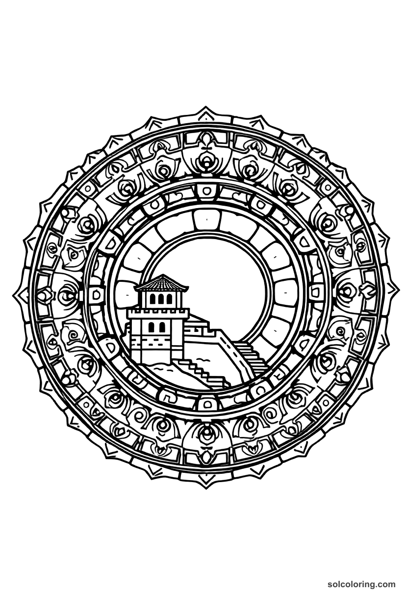 Mandala Ancient Chinese Great Wall Construction coloring page, free printable mandala style