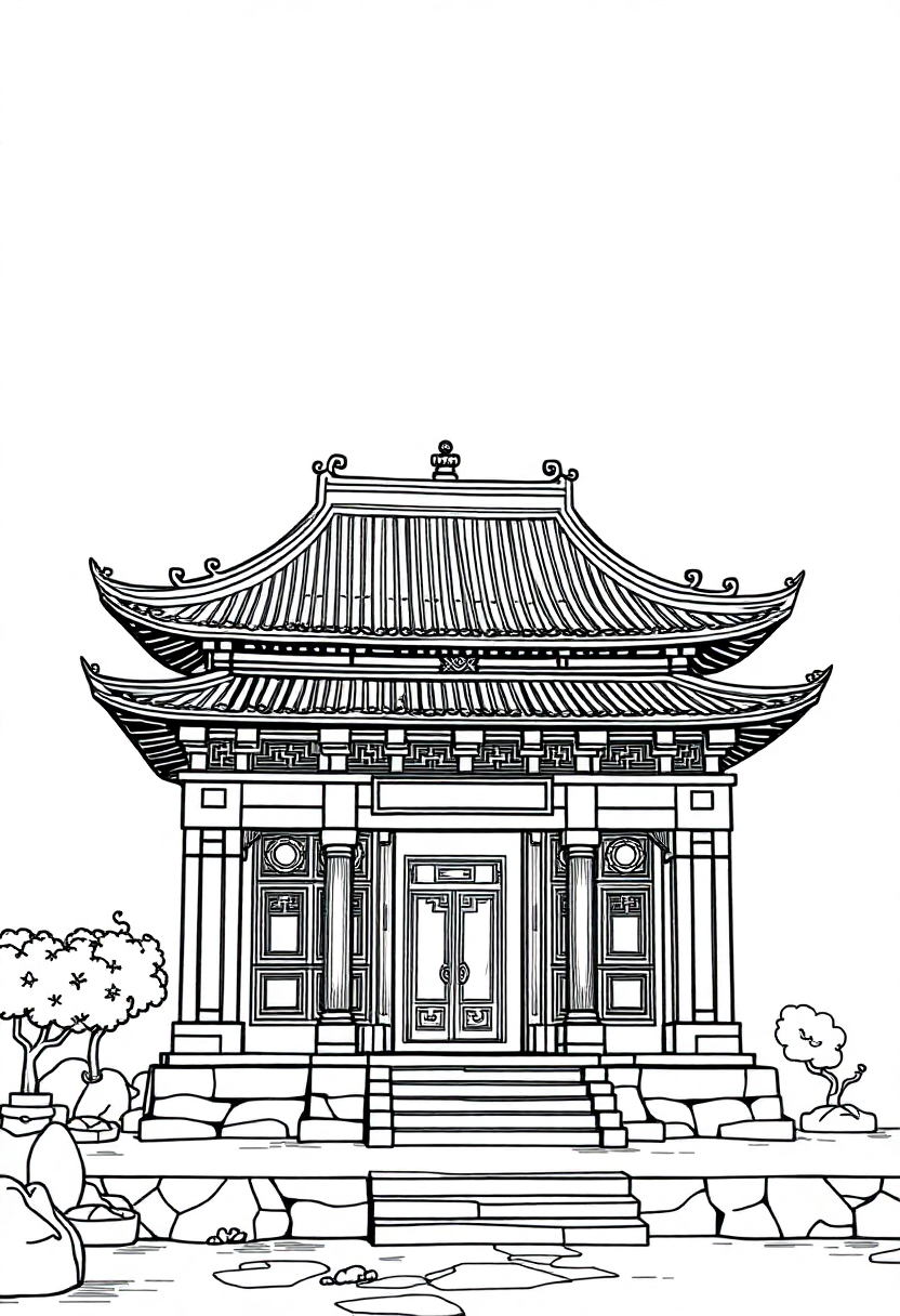Ancient Chinese Temple coloring page, free printable standard style for kids and adults