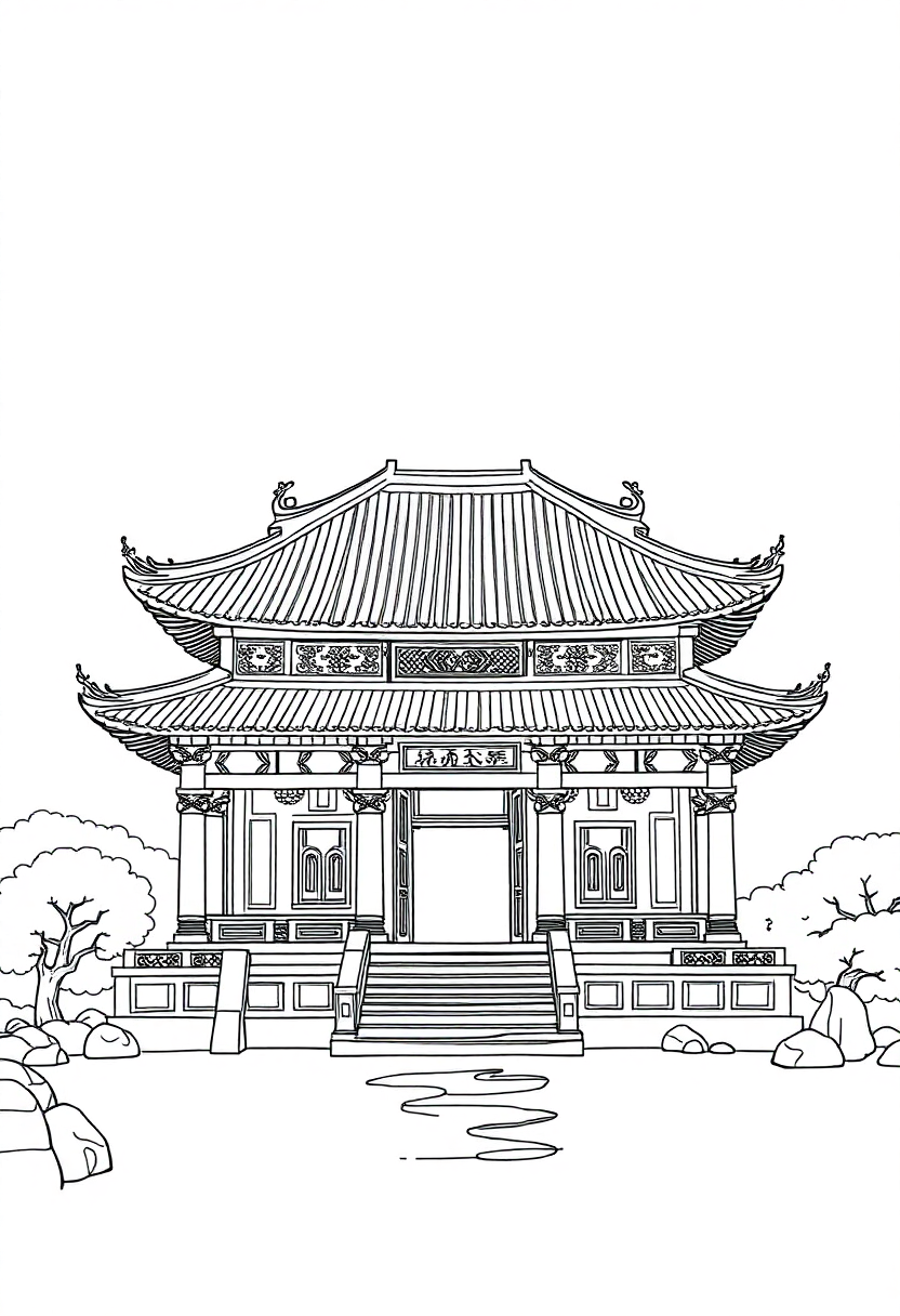 Ancient Chinese Temple coloring page, free printable