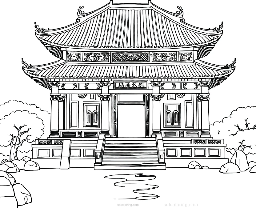 Ancient Chinese Temple coloring page for kids