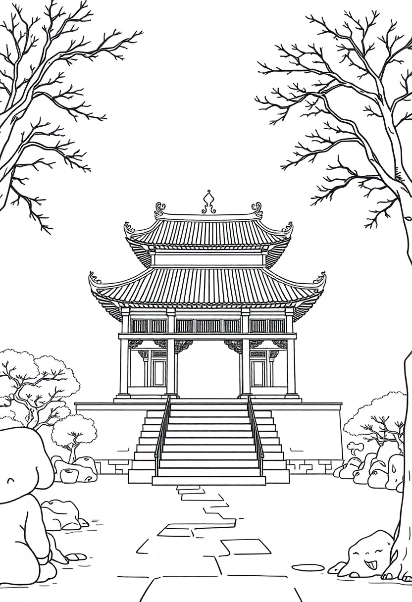 Ancient Chinese Temple coloring page, free printable