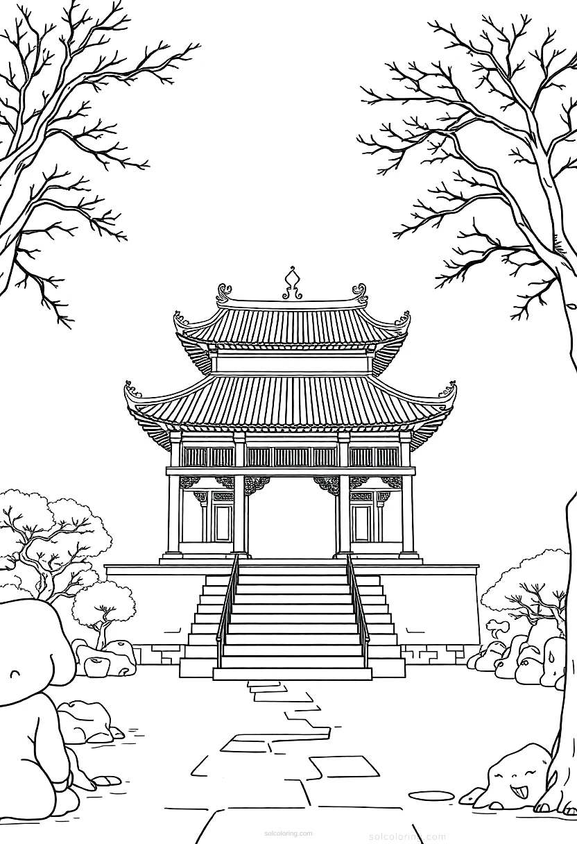 Ancient Chinese Temple coloring page for kids