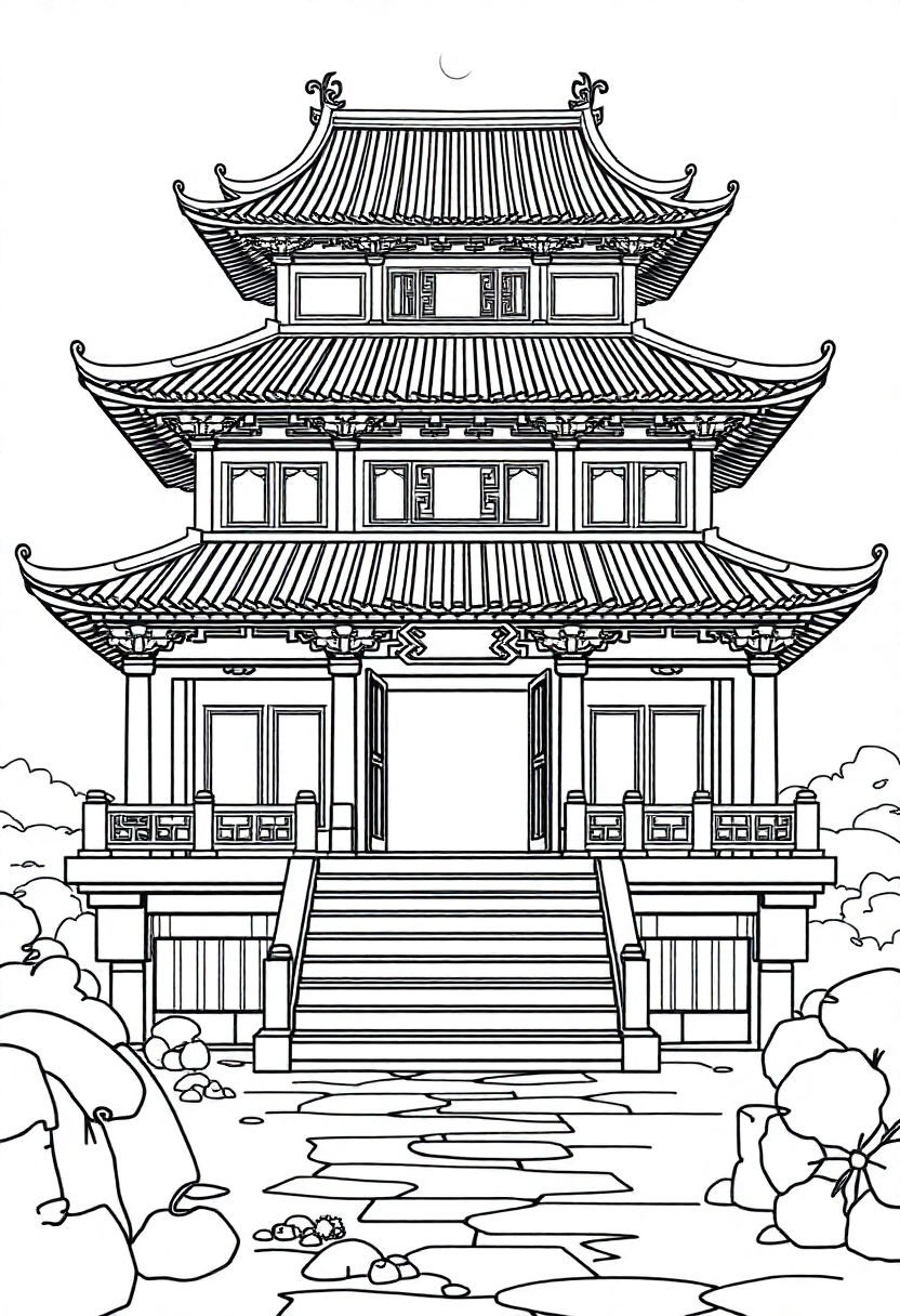 Ancient Chinese Temple coloring page, free printable