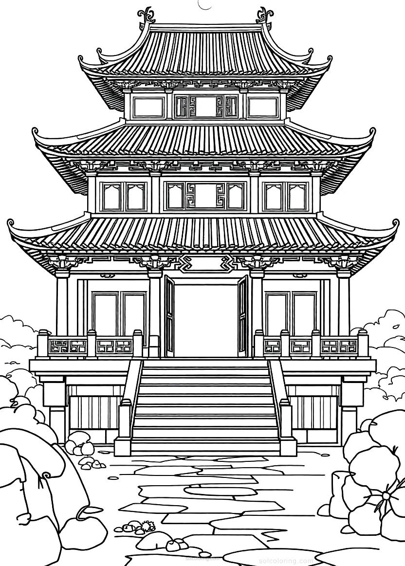 Ancient Chinese Temple coloring page for kids