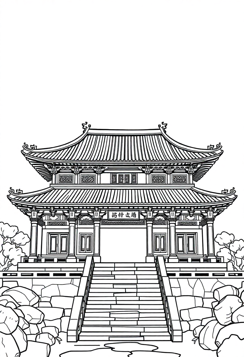 Ancient Chinese Temple coloring page, free printable