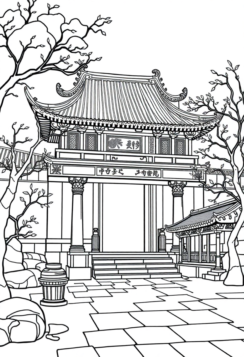 Ancient Chinese Temple coloring page, free printable