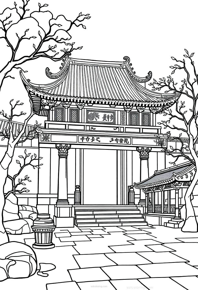 Ancient Chinese Temple coloring page for kids