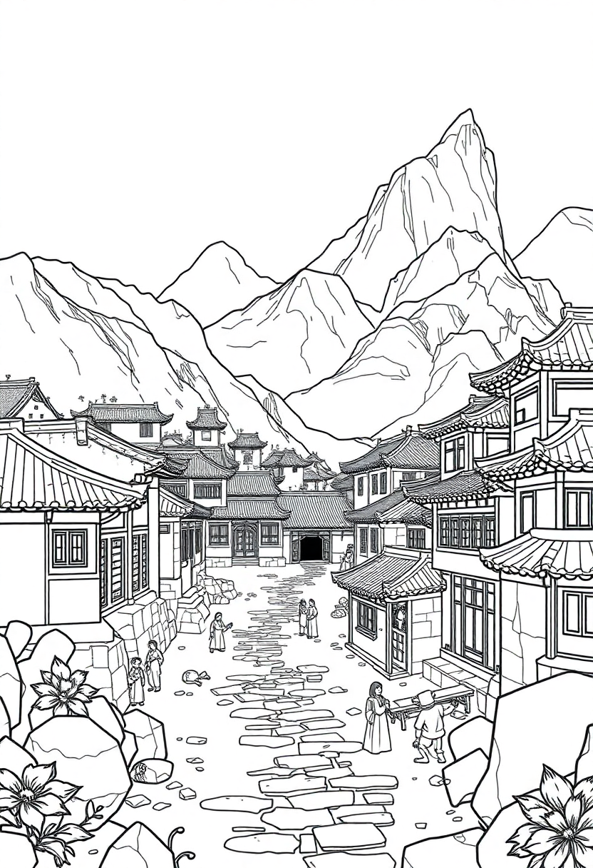 Ancient Chinese Village coloring page, free printable