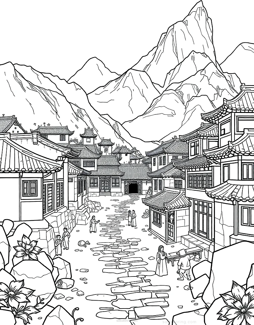 Ancient Chinese Village coloring page for kids