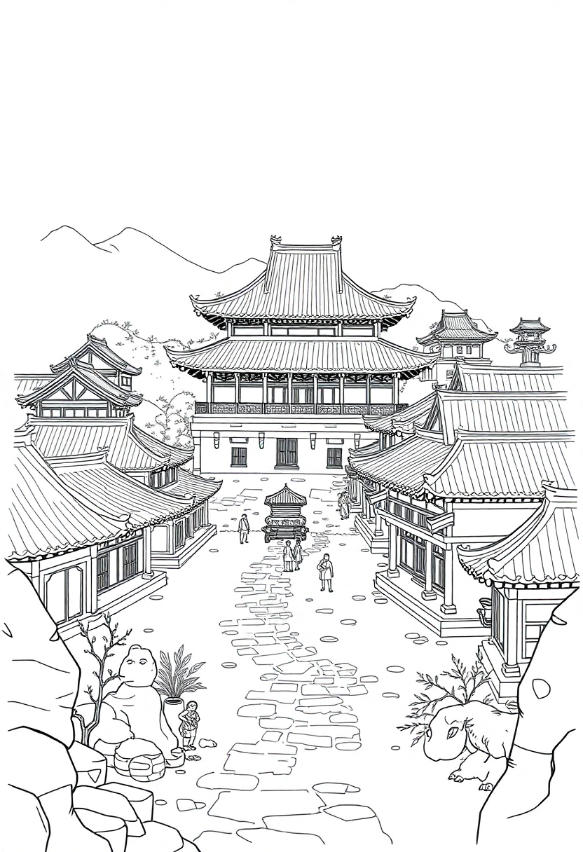 Ancient Chinese Village coloring page showing traditional pagodas, buildings and landscapes in cute cartoon style
