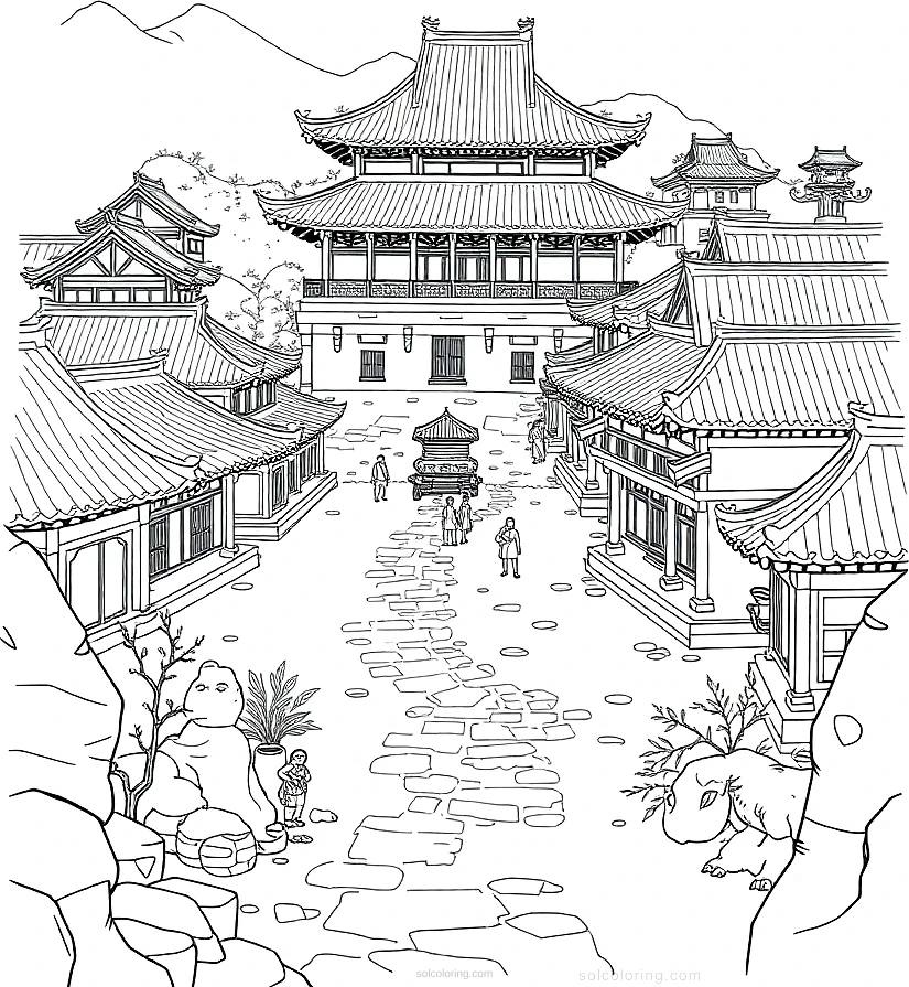 Ancient Chinese Village coloring page for kids