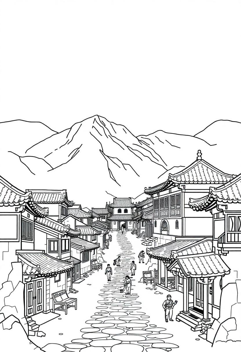 Ancient Chinese Village coloring page, free printable