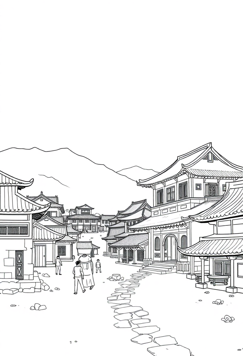 Ancient Chinese Village coloring page, free printable