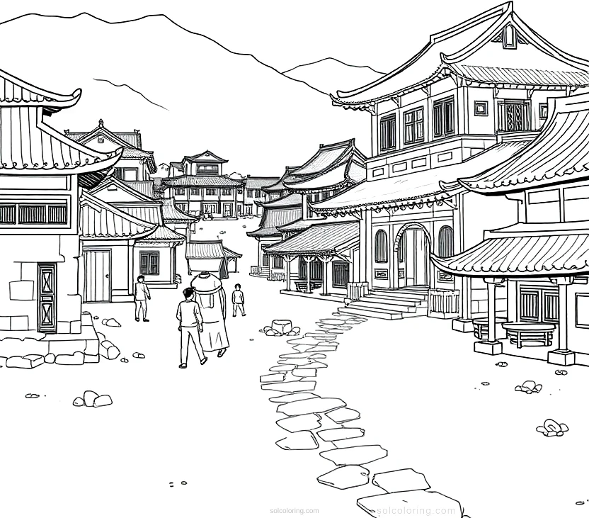Ancient Chinese Village coloring page for kids