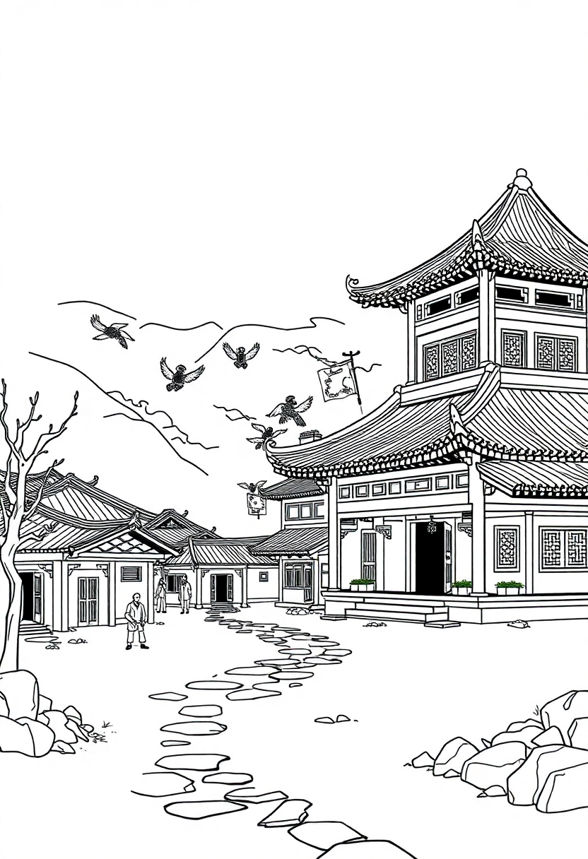 Ancient Chinese Village coloring page, free printable