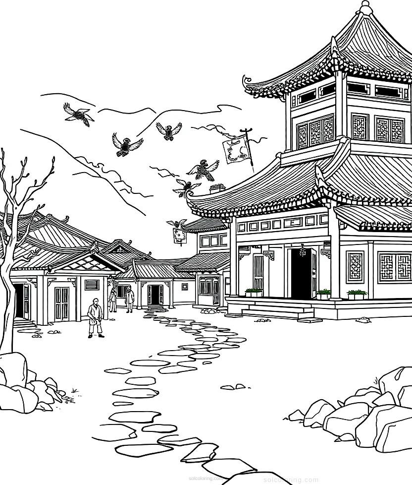 Ancient Chinese Village coloring page for kids